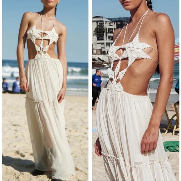 Ixiah Mona Crochet Floral Cutout Ivory White Maxi Dress Size 4 - Picture 1 of 11